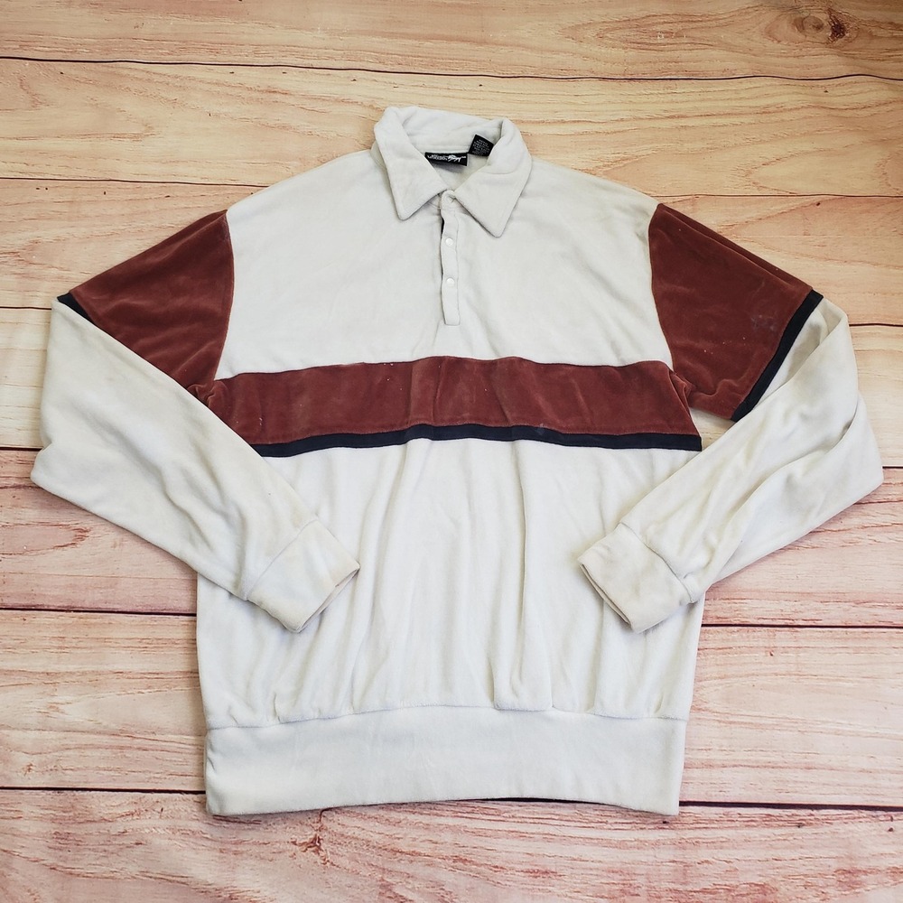 VINTAGE Silver Unicorn Shirt Mens Large Cream Brown Velour Rugby Pullover‎ 80s